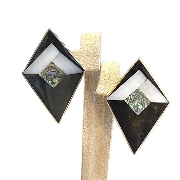 Vintage 1980s Alpaca Mexico Inlay earrings - Picture 3 of 7